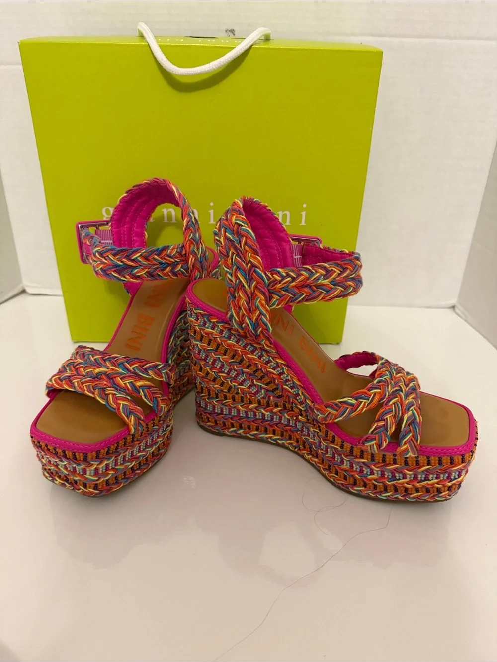 Gianni Bini Santi Multicolor Braided Wedge Sandals - Hot Pink Trim 6M